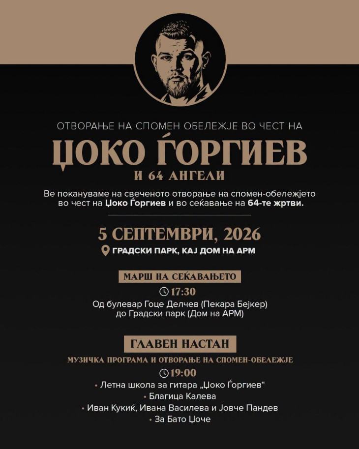 Во Струмица ќе биде отворено спомен обележје во чест на Џоко Ѓоргиев и во сеќавање на 64 жртви во дискотеката „Пулс“ во Кочани